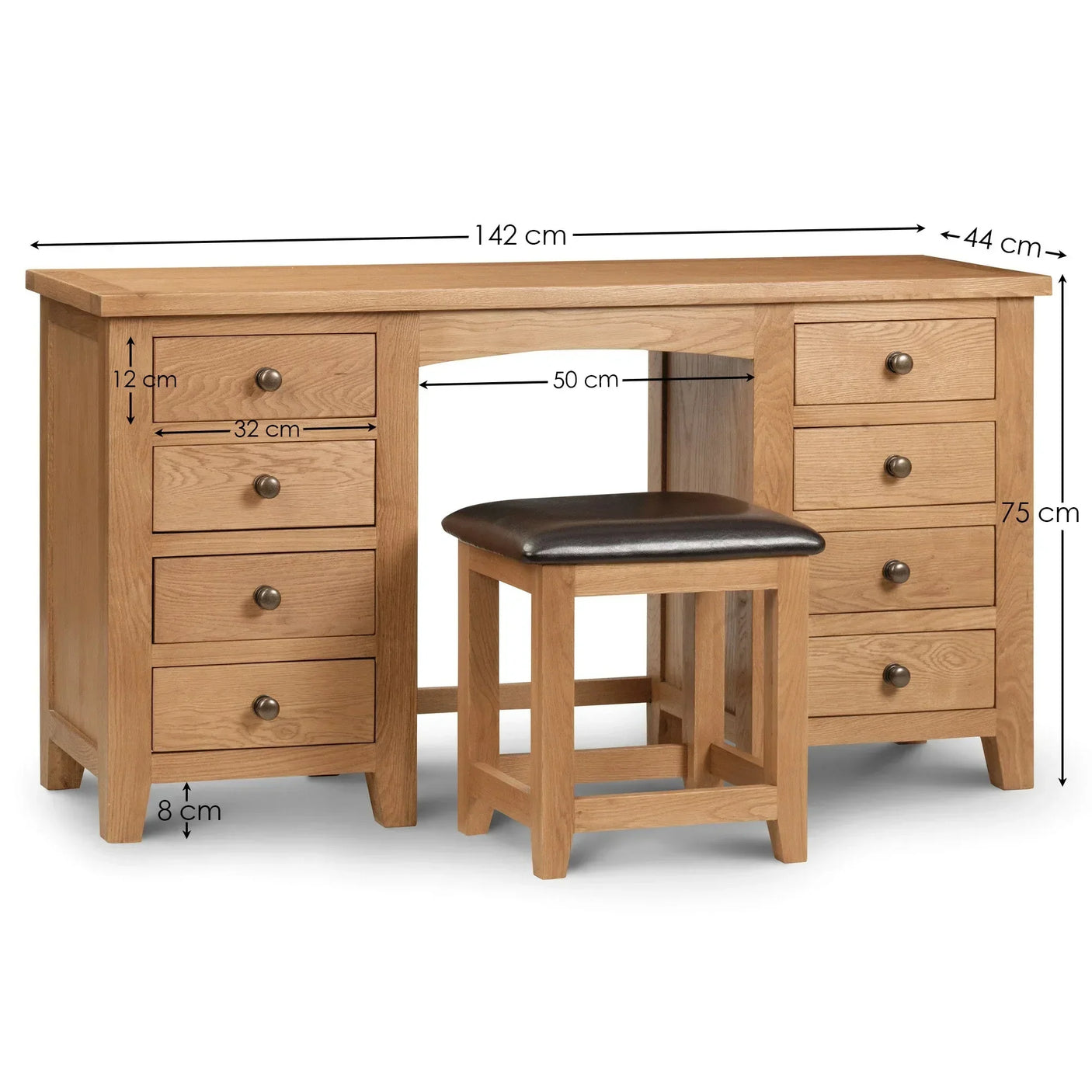 Oak dressing table with eight drawers, cushioned stool, and visible measurements in centimeters