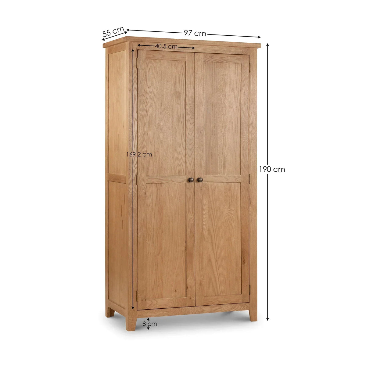 Oak wardrobe with two panel doors and handles, shown with detailed size measurements