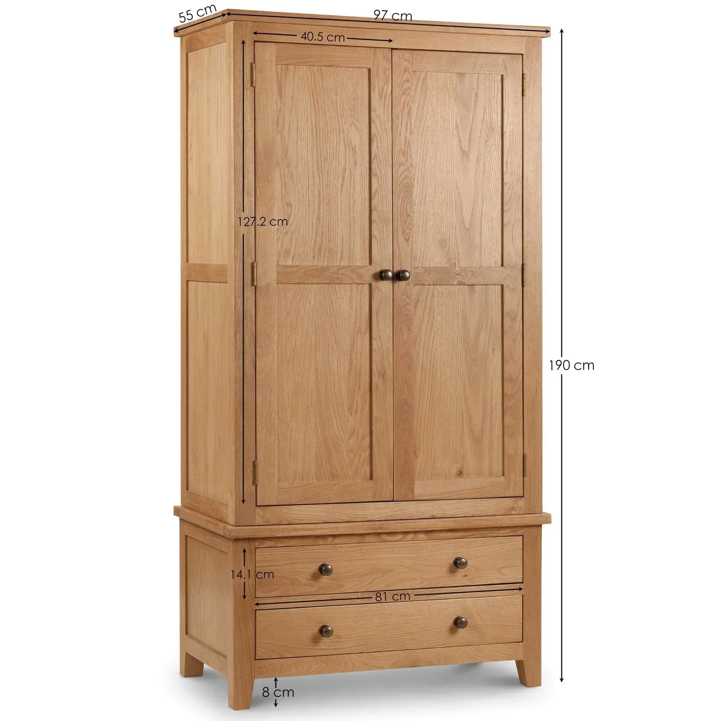 Oak wardrobe with double doors and two drawers, detailed measurements, front angle view