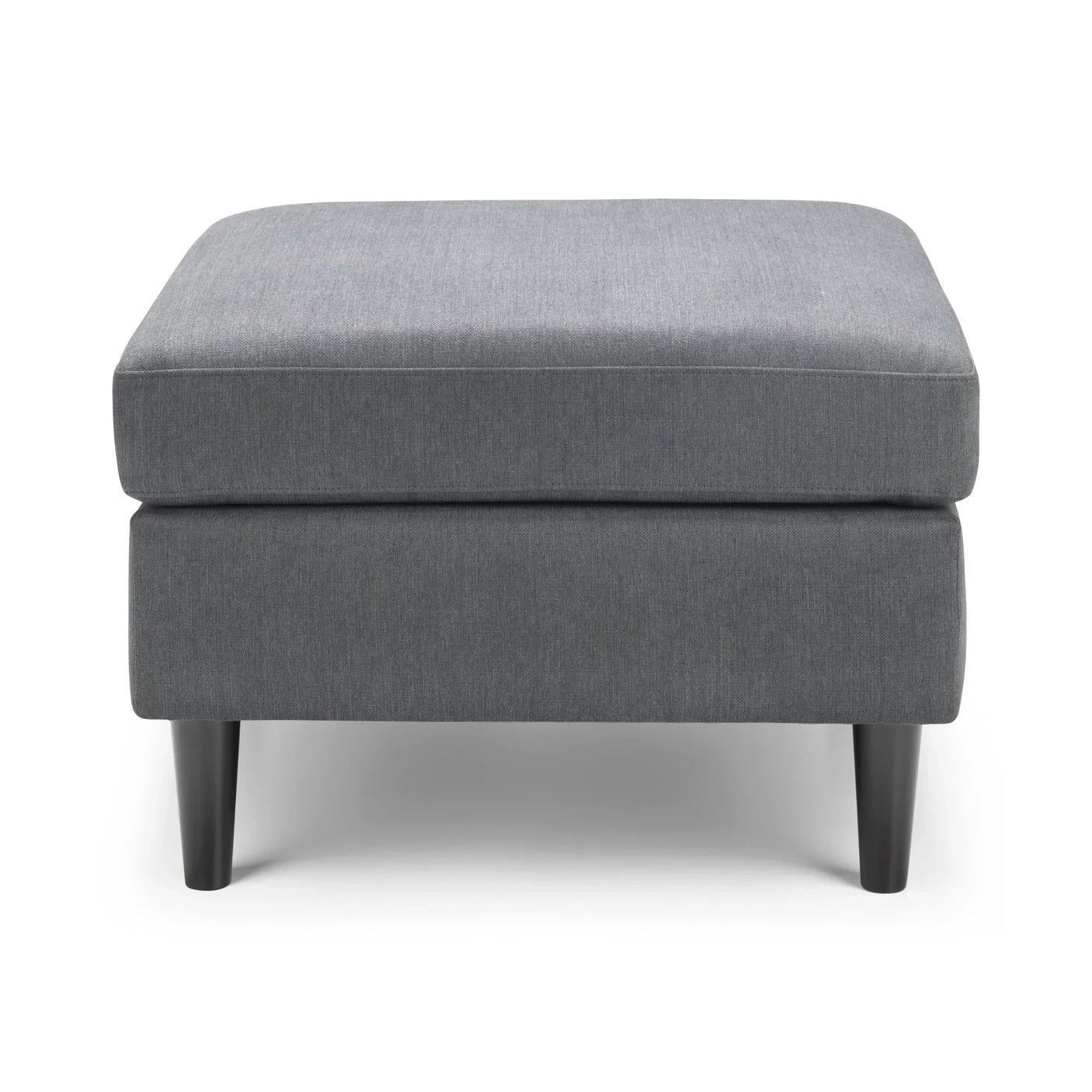 Grey fabric ottoman with tapered black legs, front view