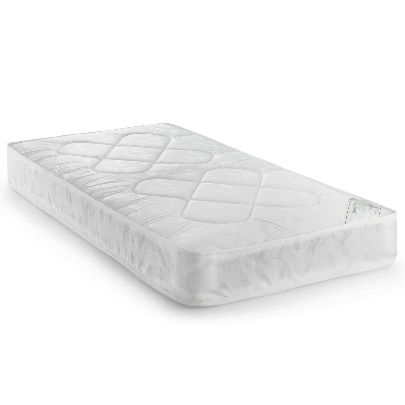 Premier 90cm single mattress with quilted top and white patterned fabric, angled view