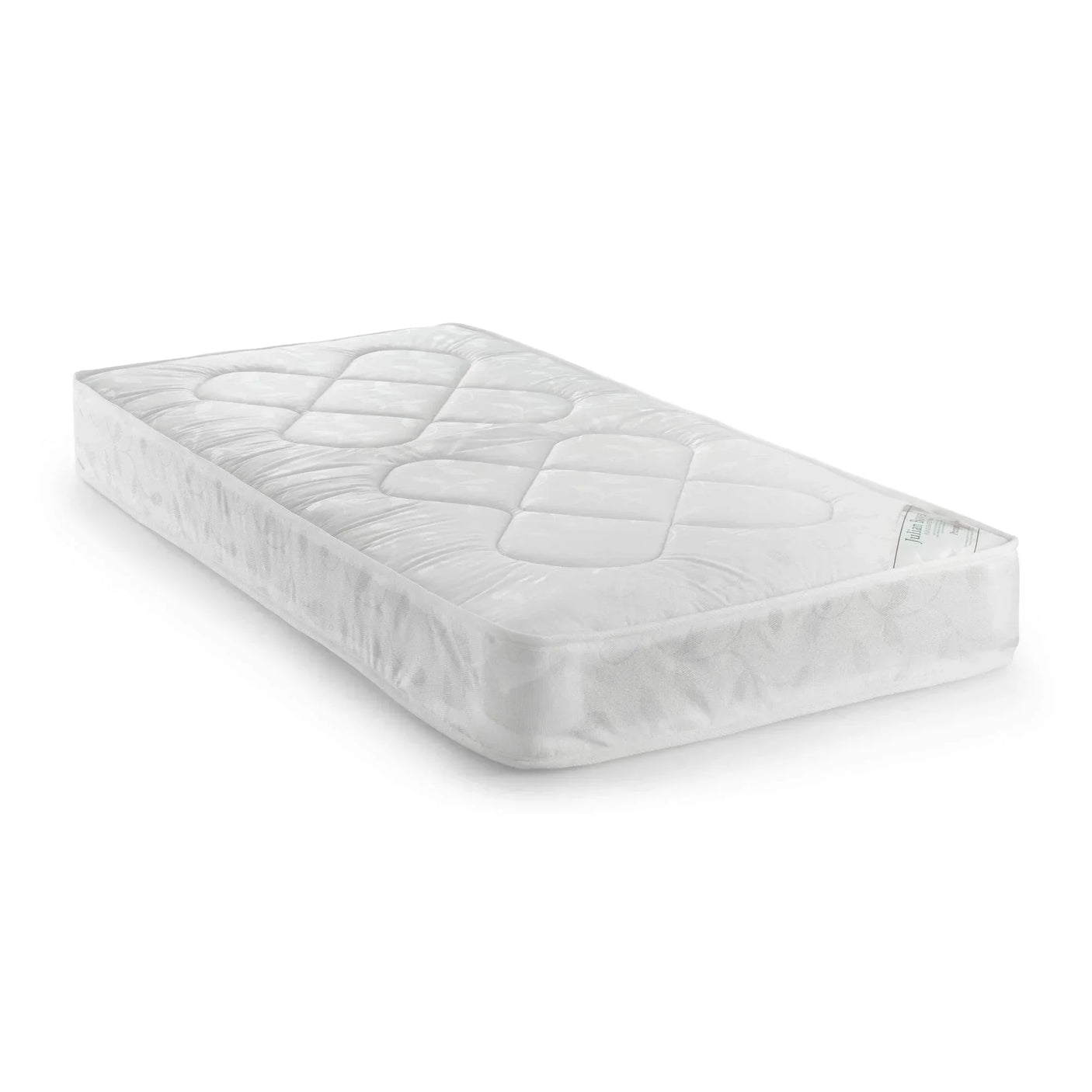 Premier 90cm mattress with quilted top and white patterned fabric, angled side view