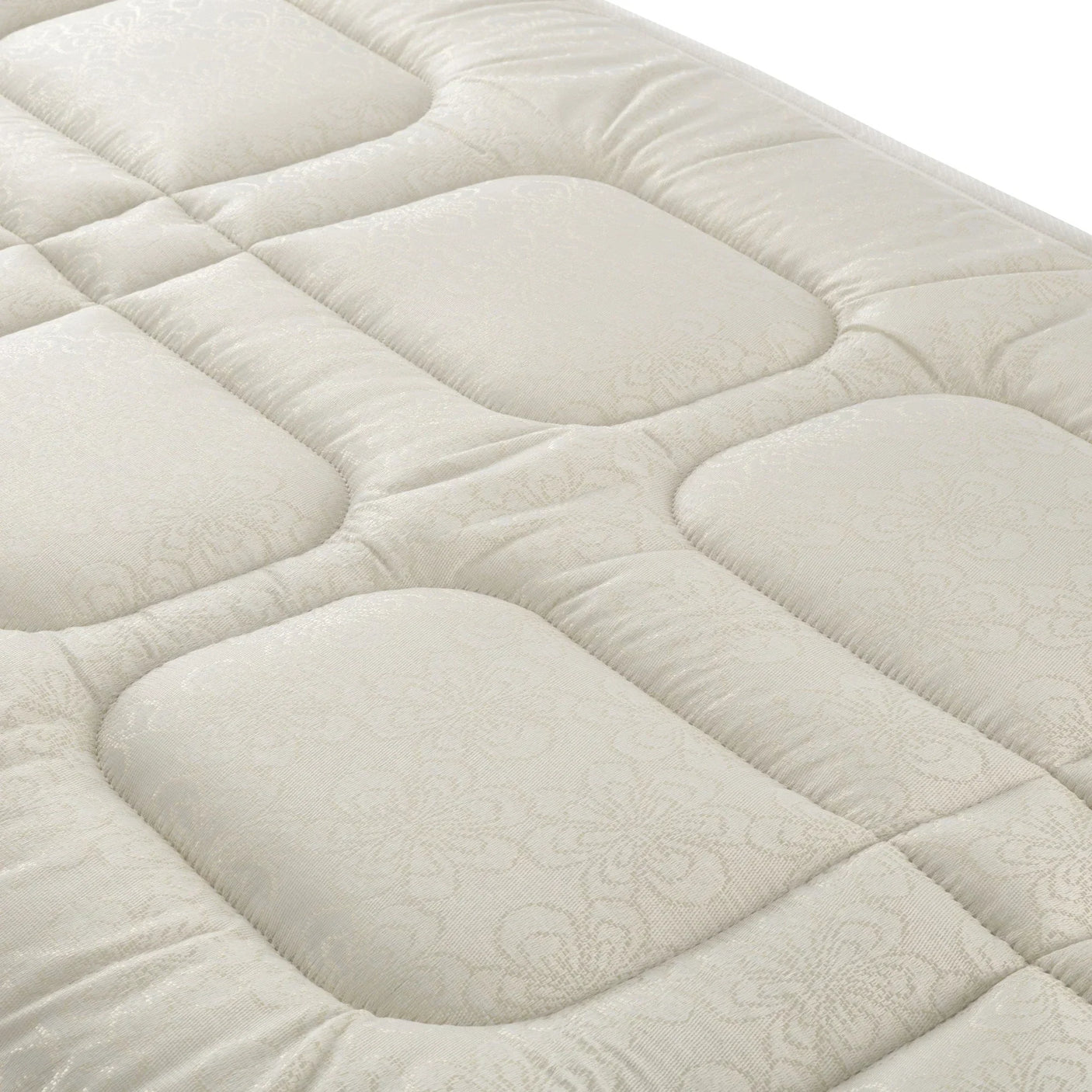 Platinum bunk mattress with quilted padded surface in cream fabric, close-up detail