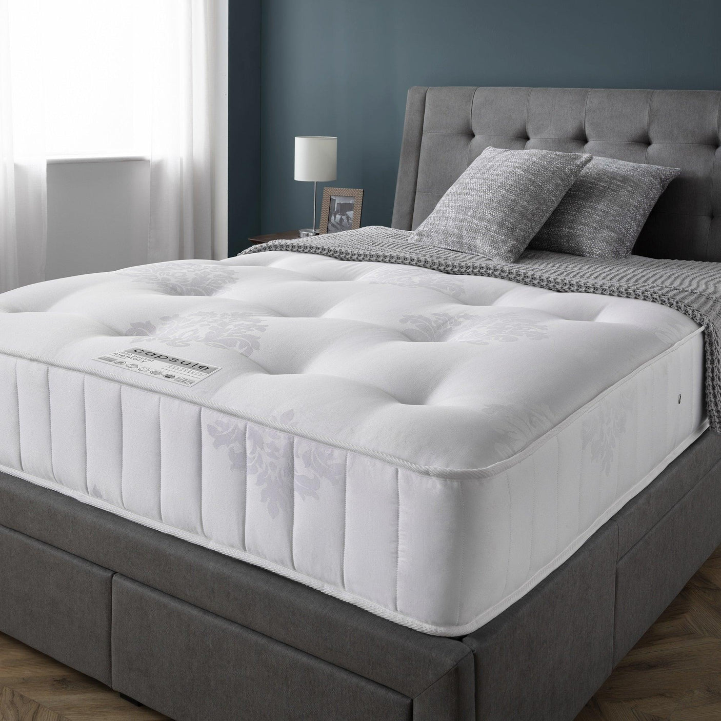 Capsule Memory Pocket 1000 mattress 150cm on grey bed frame in modern bedroom