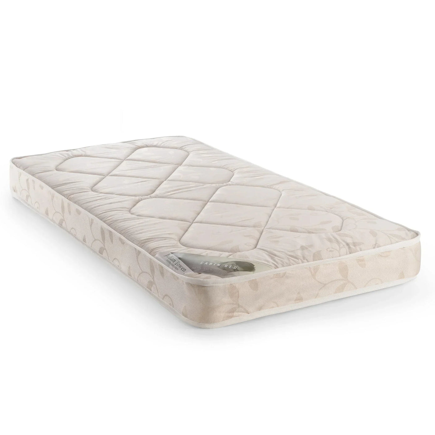 Single cabin bed mattress with quilted top and cream floral pattern, angled side view