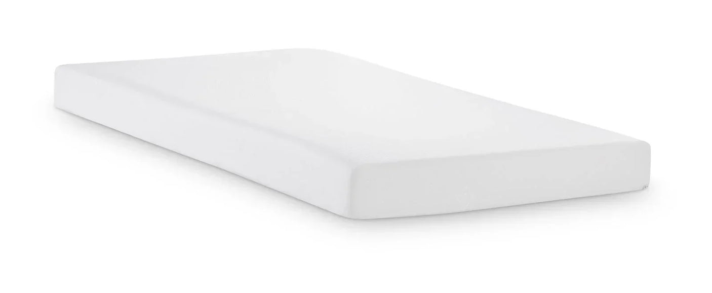 Single memory foam mattress in white with smooth cover, angled side view