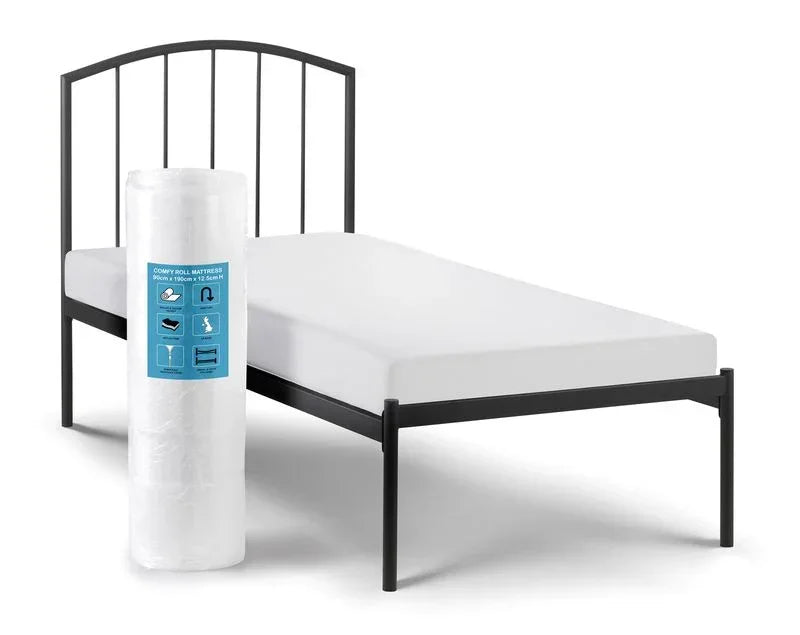 Single black metal bed frame with white mattress and rolled mattress packaging