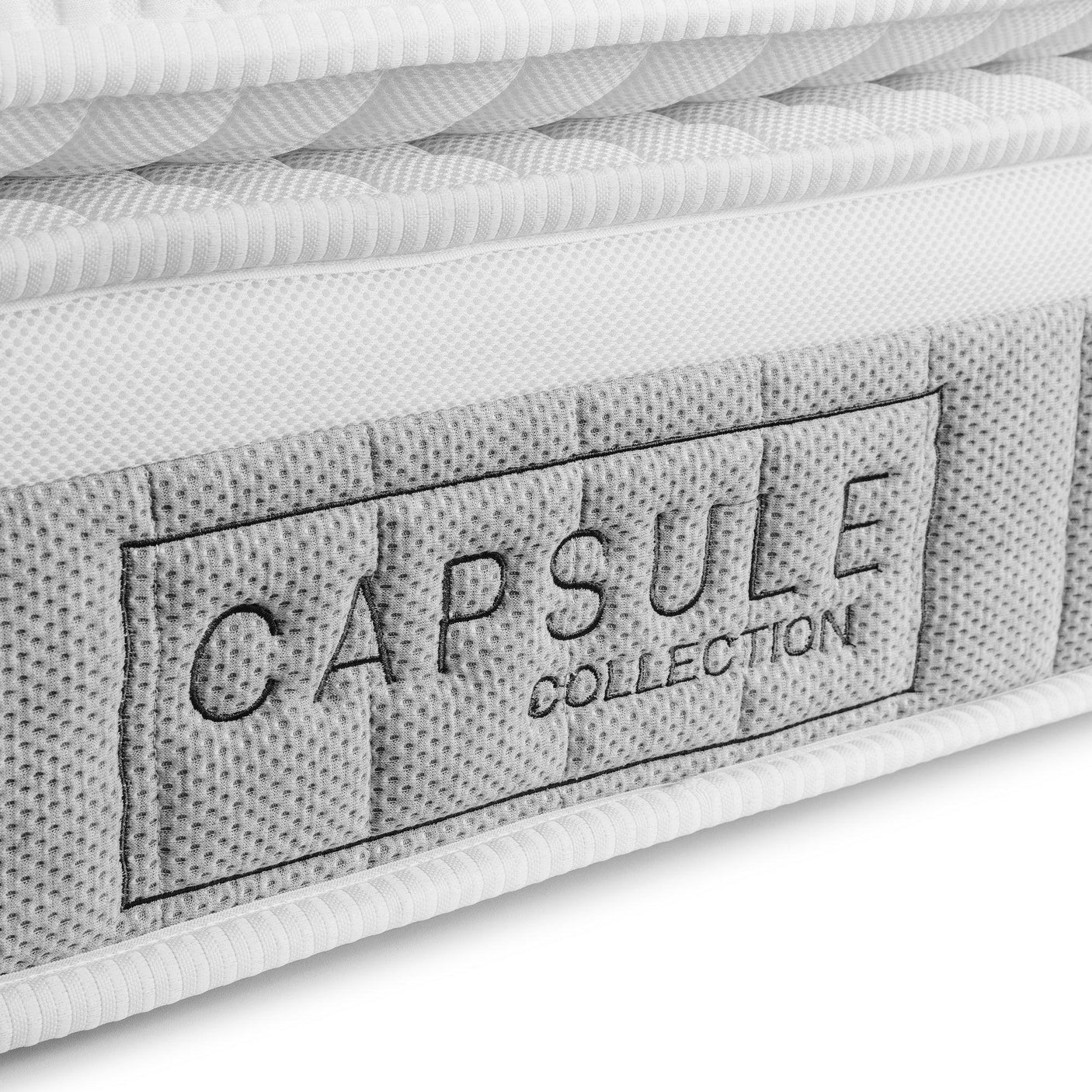Capsule 3000 pillow top mattress close-up of grey mesh side and stitched label