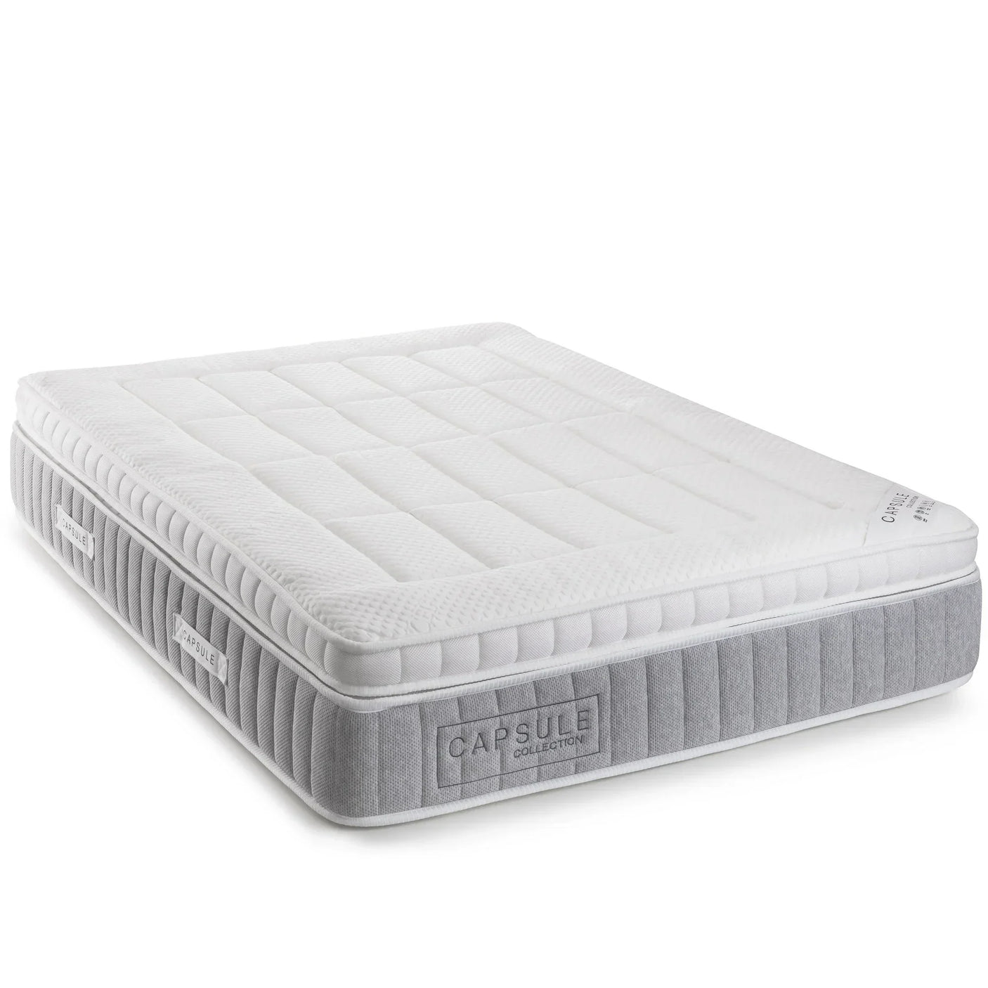 Double mattress with quilted top and grey fabric sides, Capsule Collection label visible