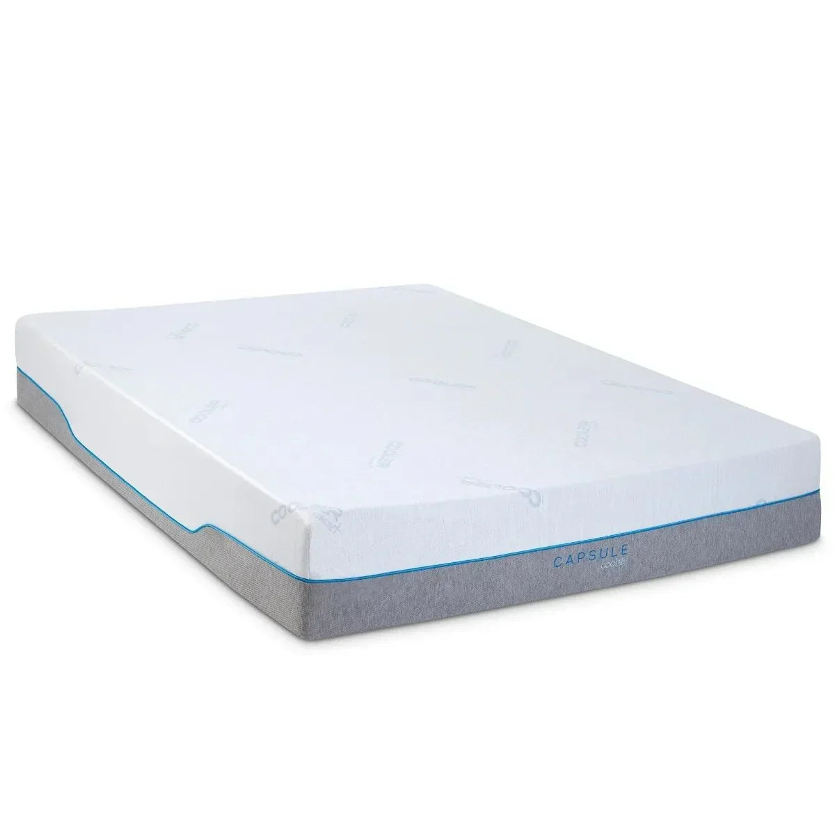 Double memory foam mattress with white top, grey sides, blue trim, angled view