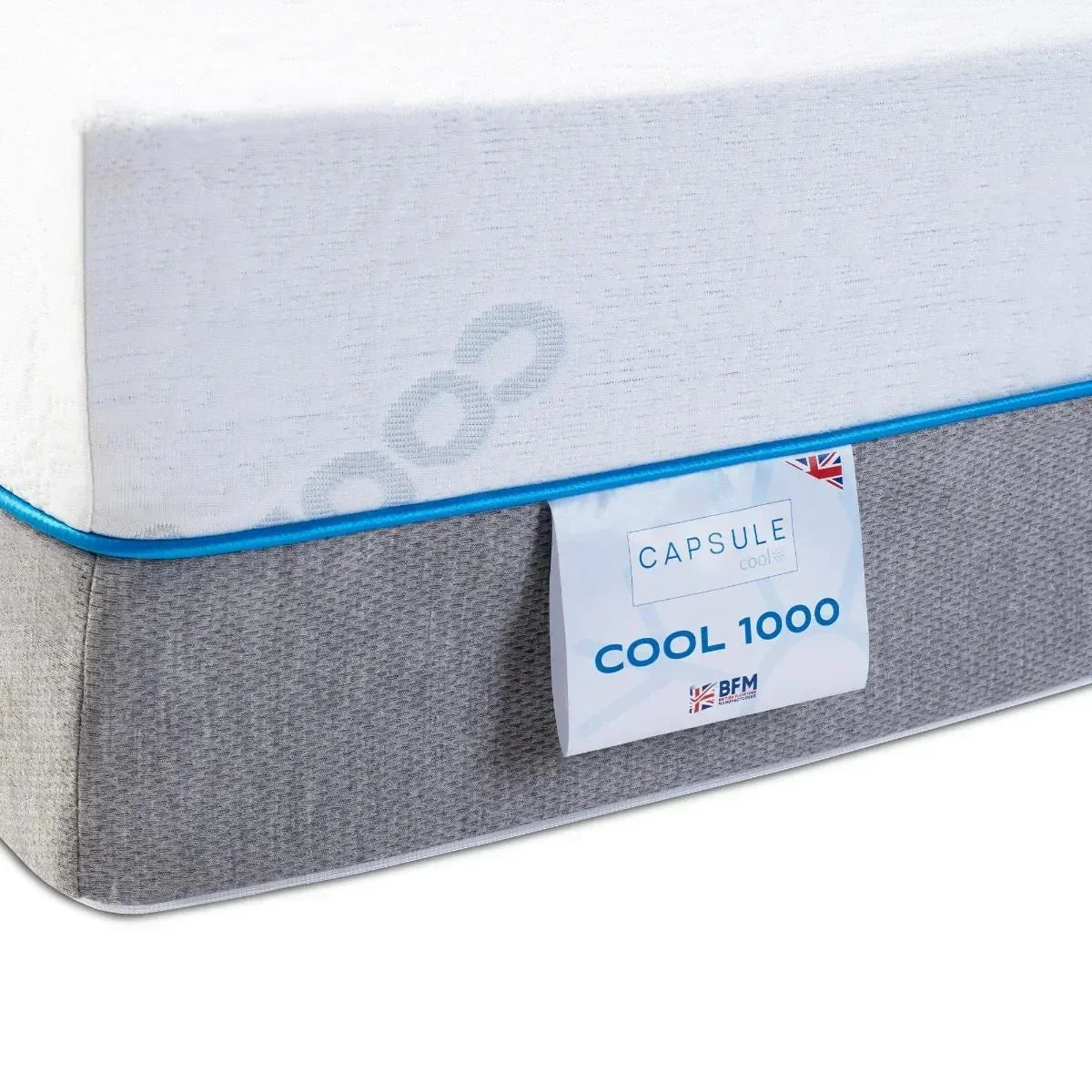 Capsule Cool 1000 mattress with white top, grey sides, and blue trim close up