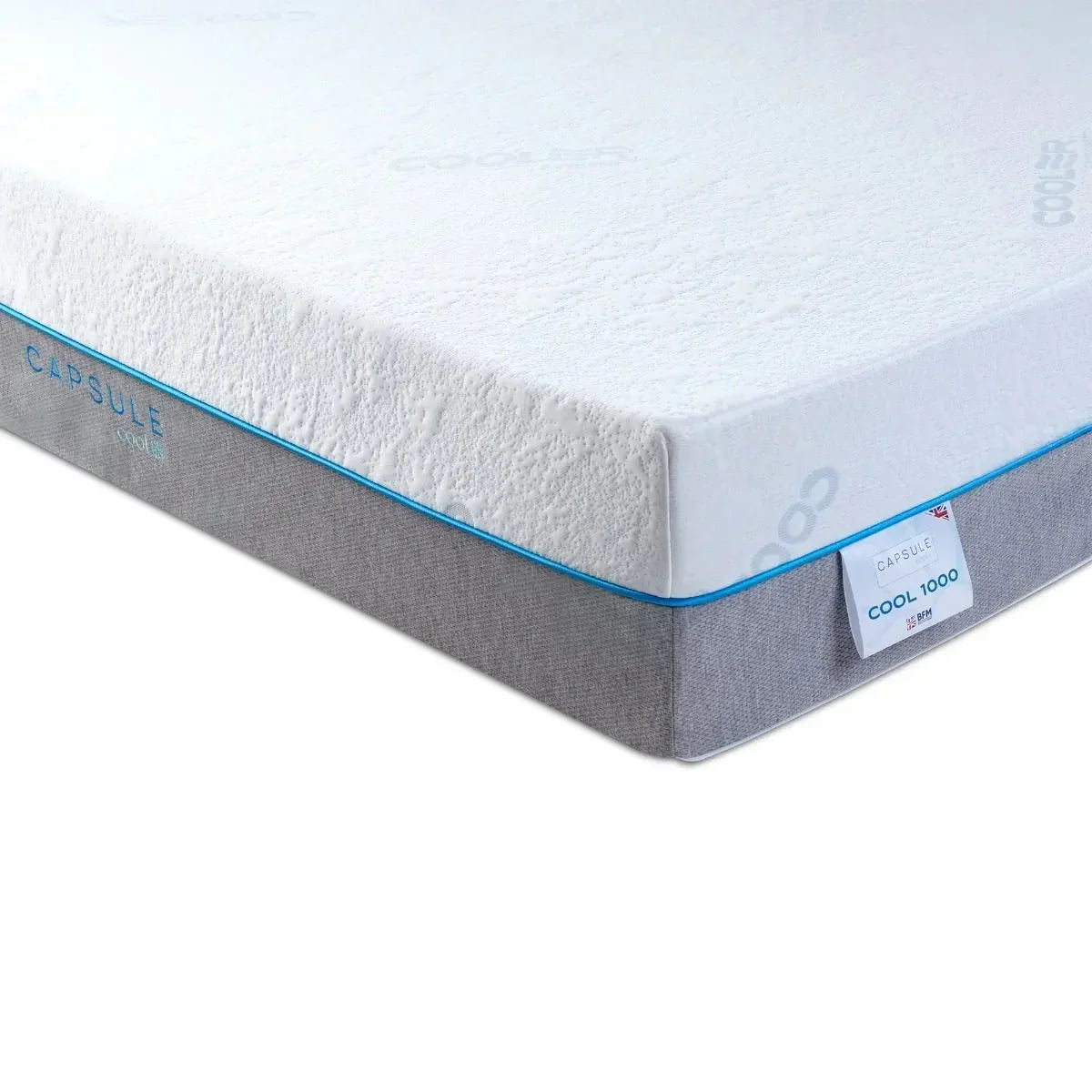 Capsule Cool 1000 memory foam mattress with grey fabric base, corner view