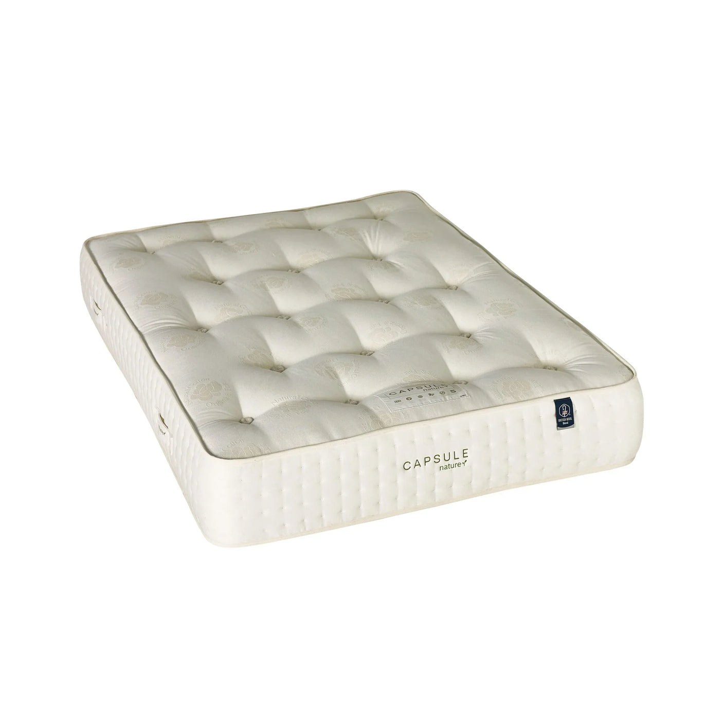 Double mattress with tufted surface and capsule label, cream fabric, angled front view