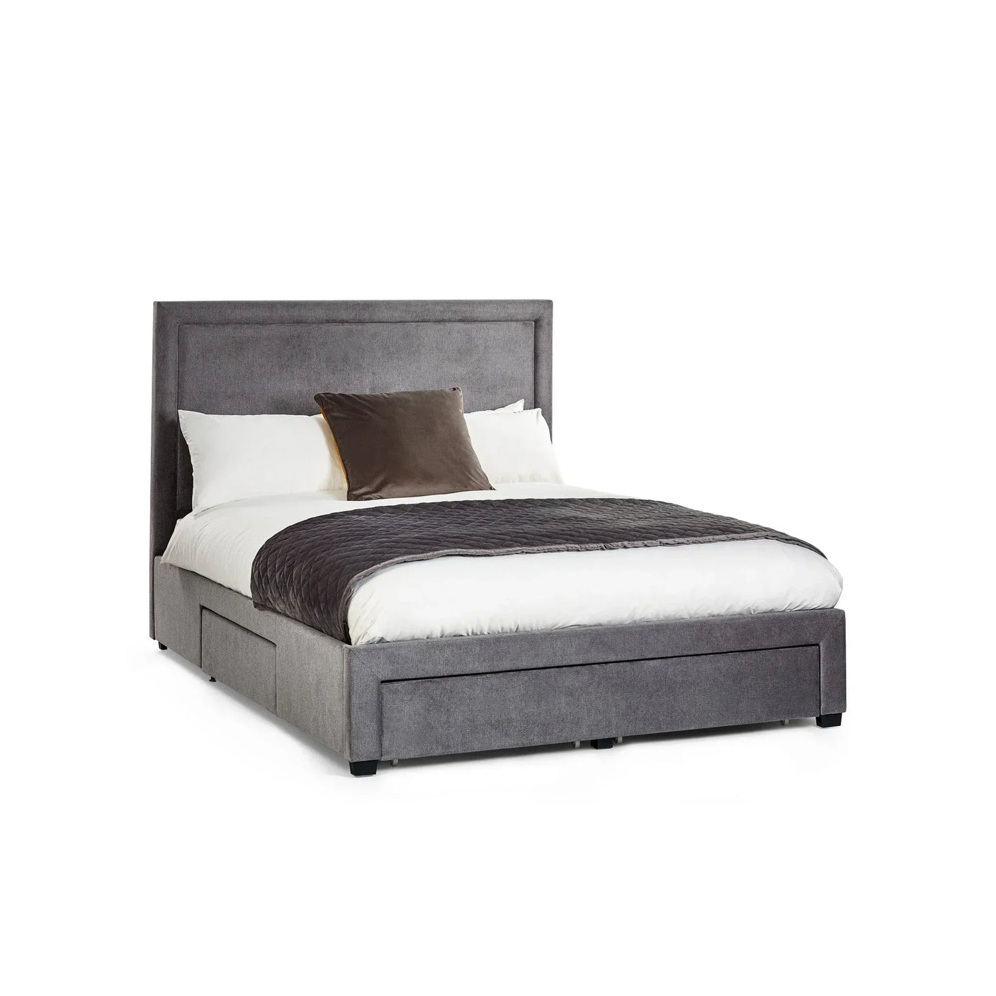 Grey upholstered storage bed with headboard, white bedding and brown accent cushion