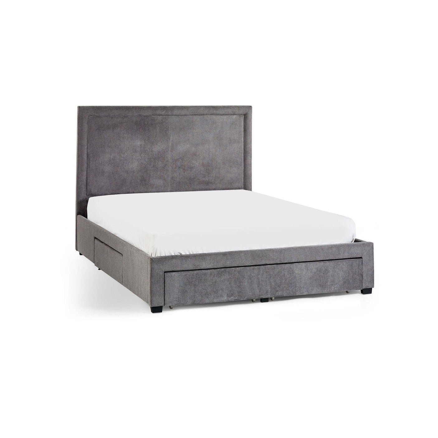Grey upholstered storage bed frame with headboard and side drawers, angled front view