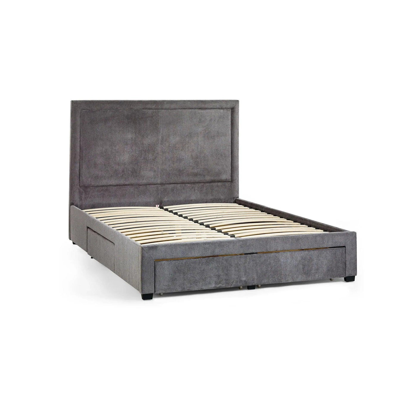 Grey upholstered bed frame with tall headboard and wooden slats, side angle view