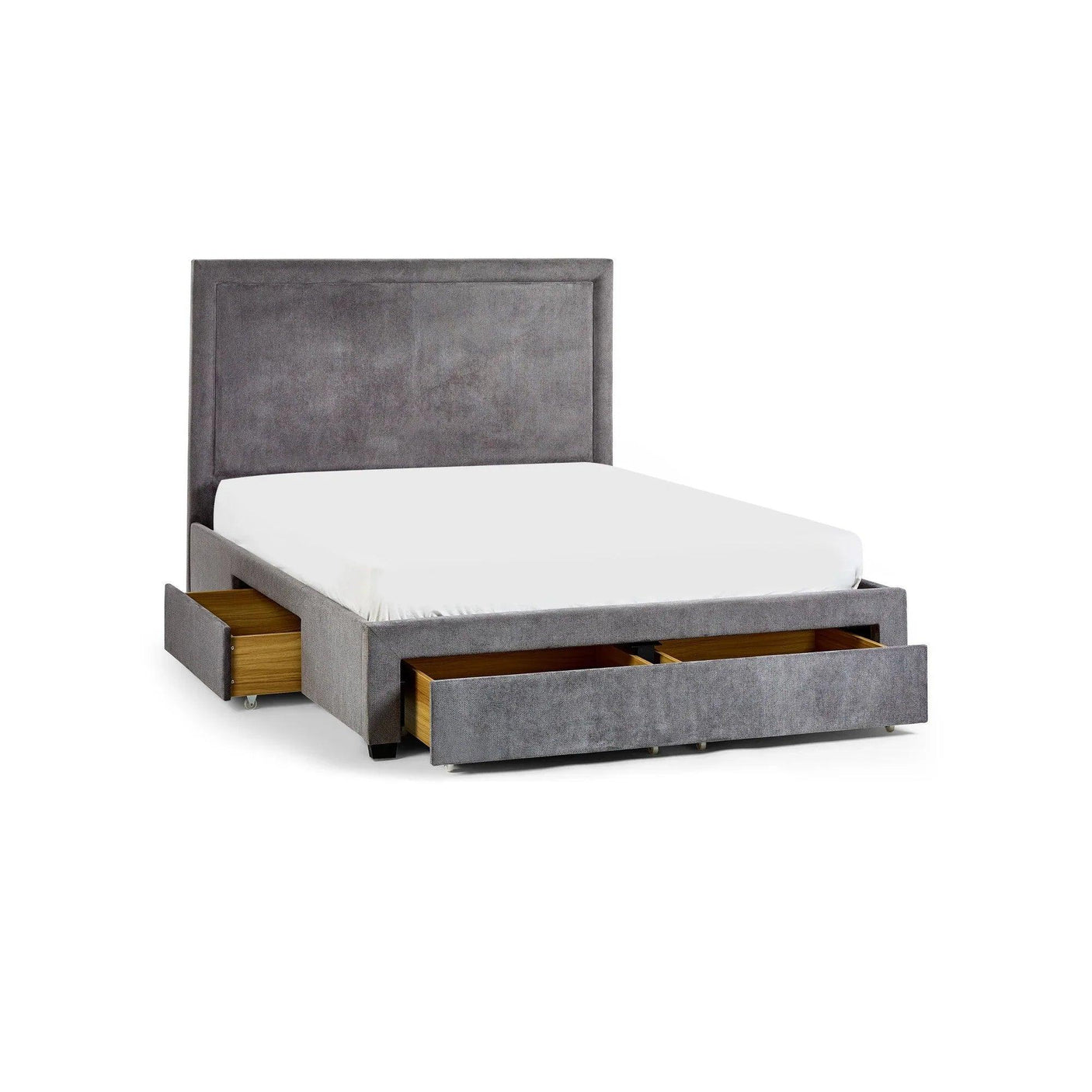 Grey upholstered bed frame with headboard and open storage drawers on side and foot