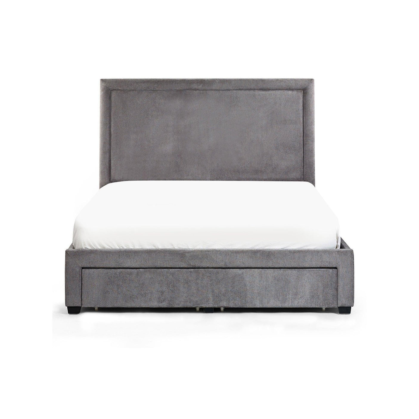 Grey fabric bed frame with padded headboard and storage drawer, viewed from the front