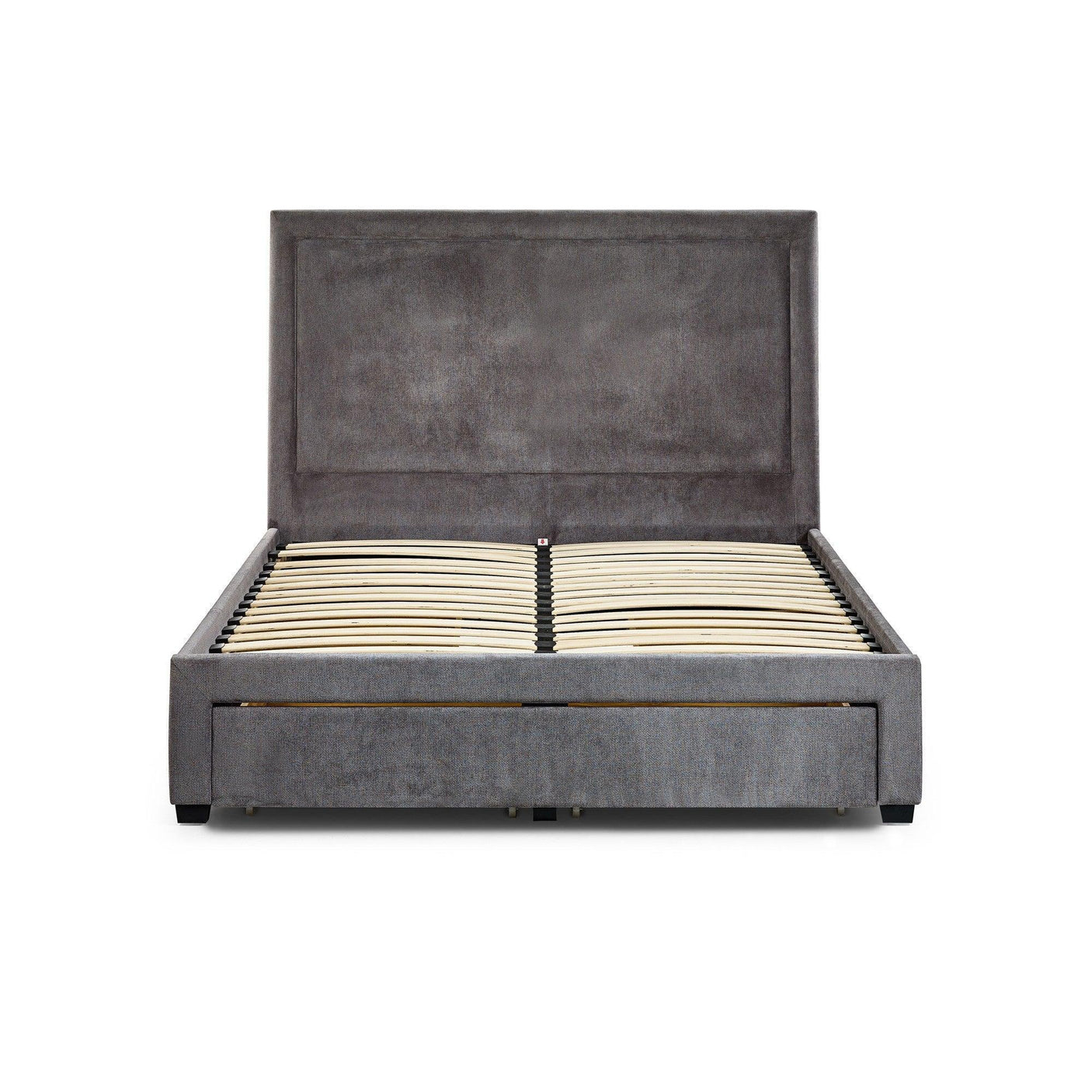 Grey upholstered bed frame with slatted base and tall headboard, front-facing view