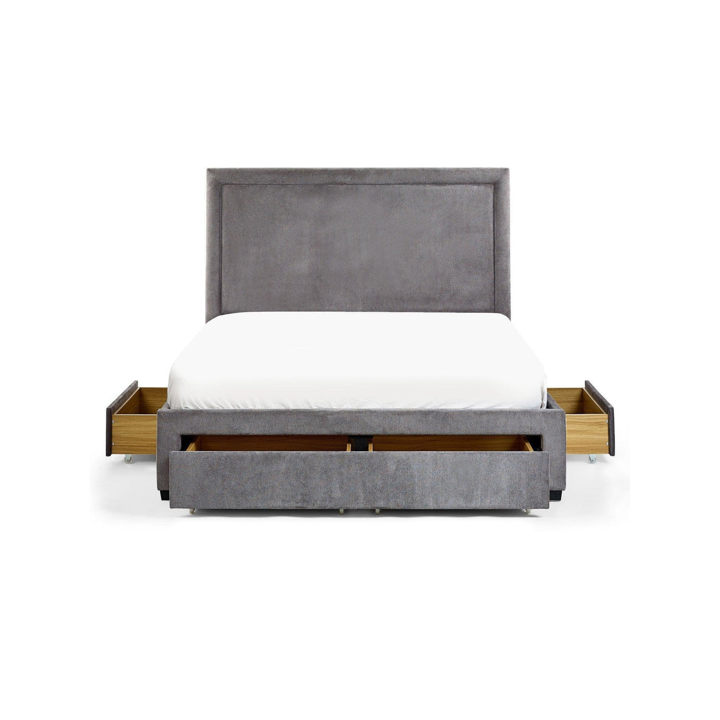 Grey upholstered storage bed with headboard and open underbed drawers