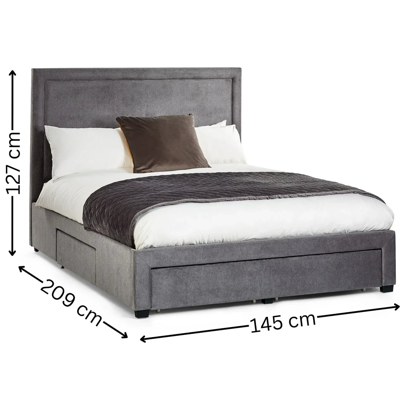 Grey upholstered bed frame with large headboard, storage drawers and measurements displayed