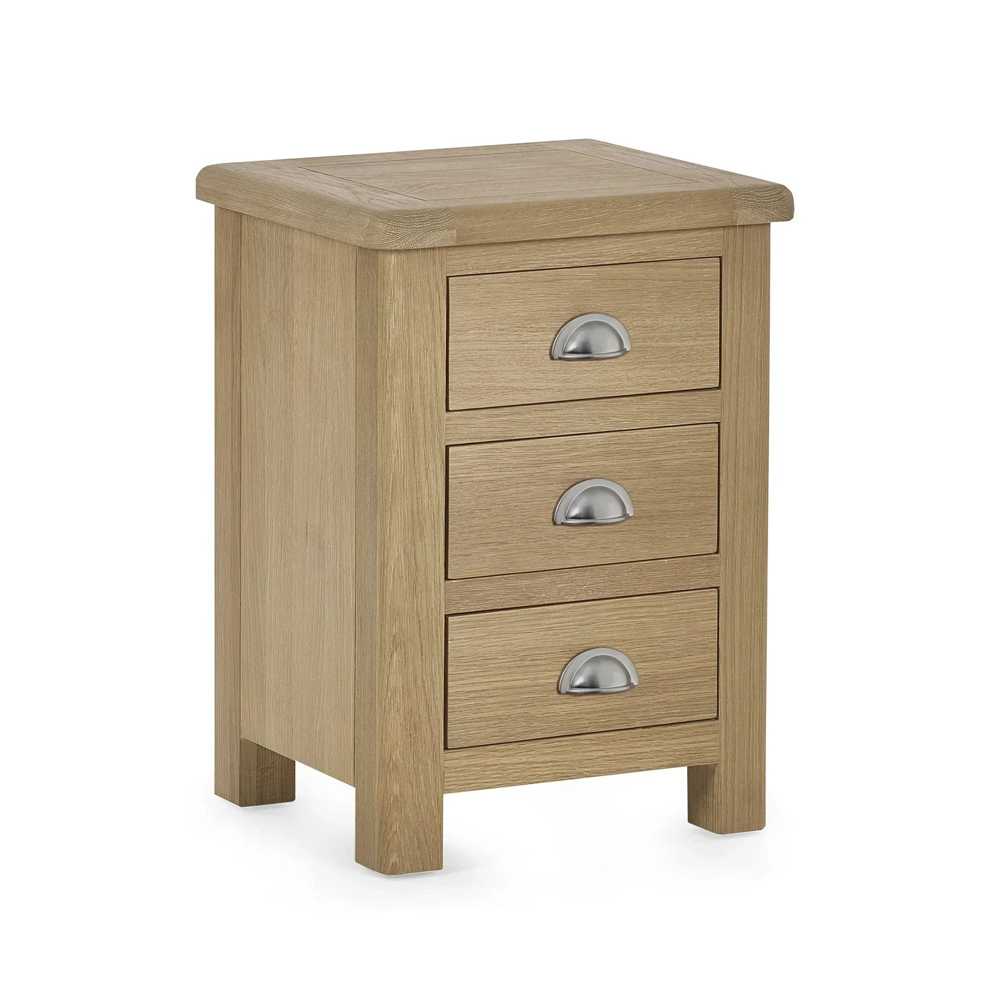 Limed oak 3 drawer bedside cabinet with silver cup handles, angled front view