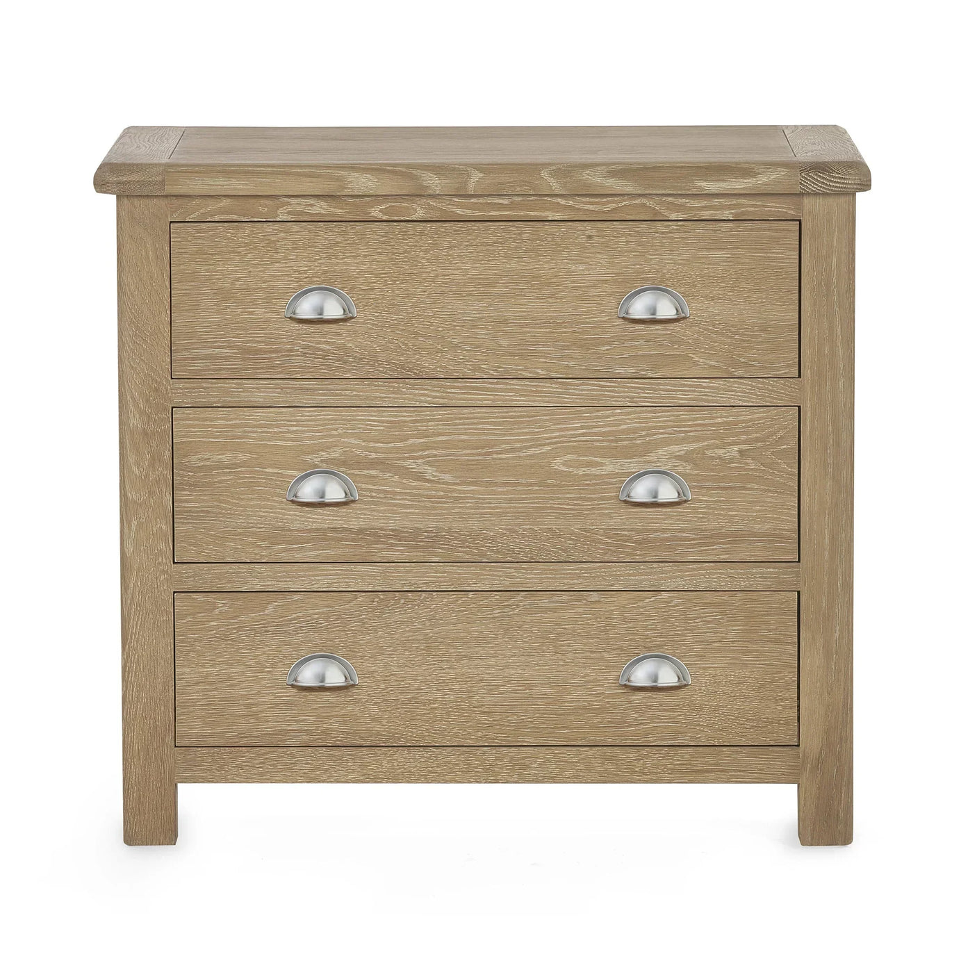 Memphis limed oak 3 drawer chest with silver cup handles, front view on white background