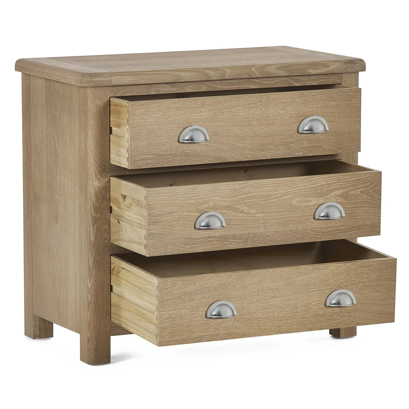 Memphis limed oak 3 drawer chest with silver handles and open drawers, side angle view