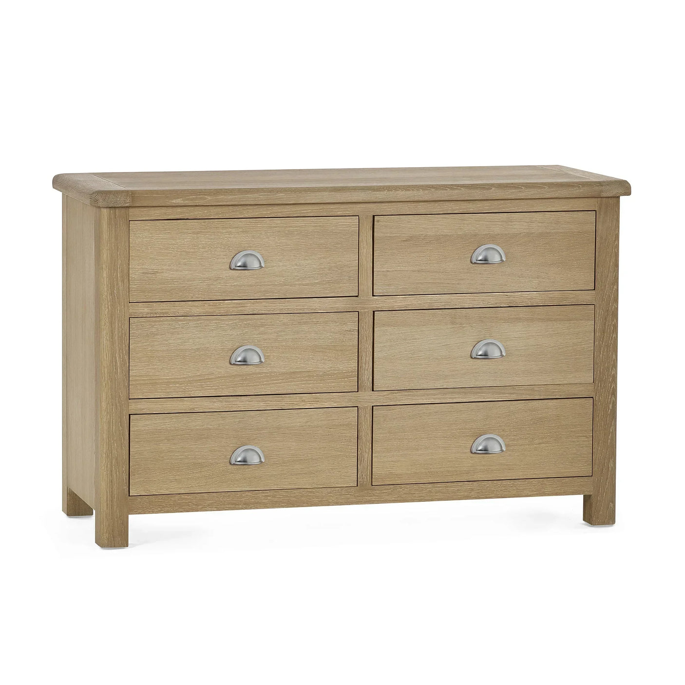 Memphis limed oak 6 drawer wide chest with metal cup handles, front facing view