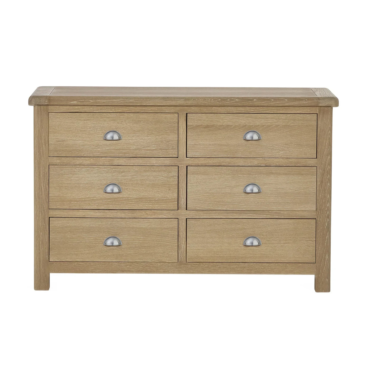Memphis limed oak 6 drawer wide chest with metal cup handles, front angle view