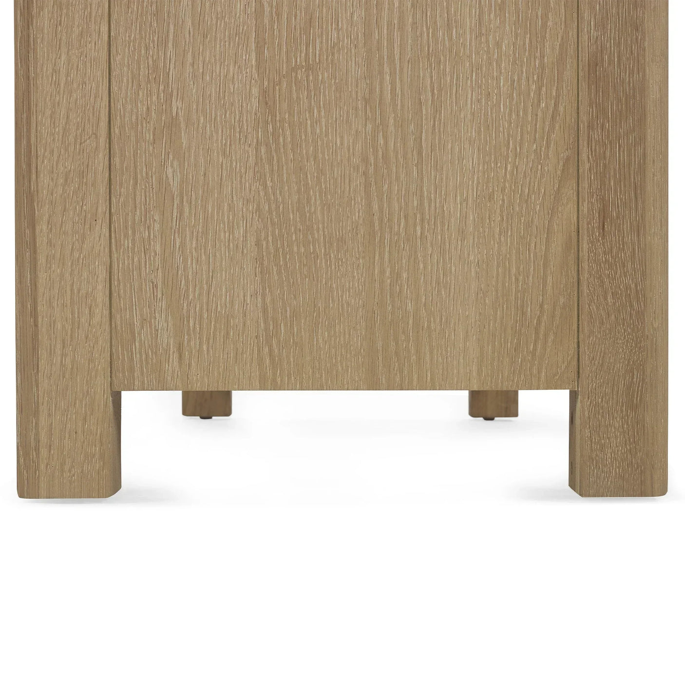 Close-up of limed oak finish and legs on six drawer wide chest