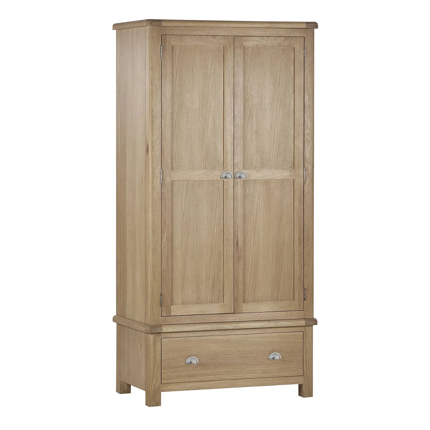 Limed oak 2 door 1 drawer wardrobe with metal handles, front view