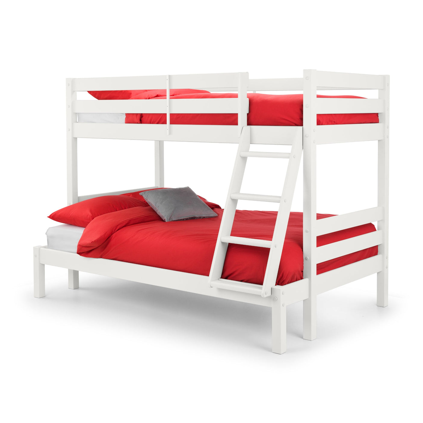 White triple sleeper bunk bed with angled ladder and red bedding