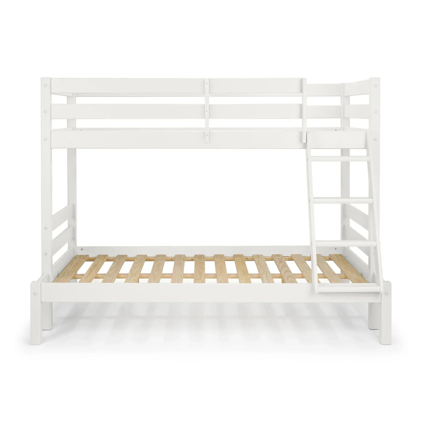 White wooden triple sleeper bunk bed with angled ladder and slatted base, front view