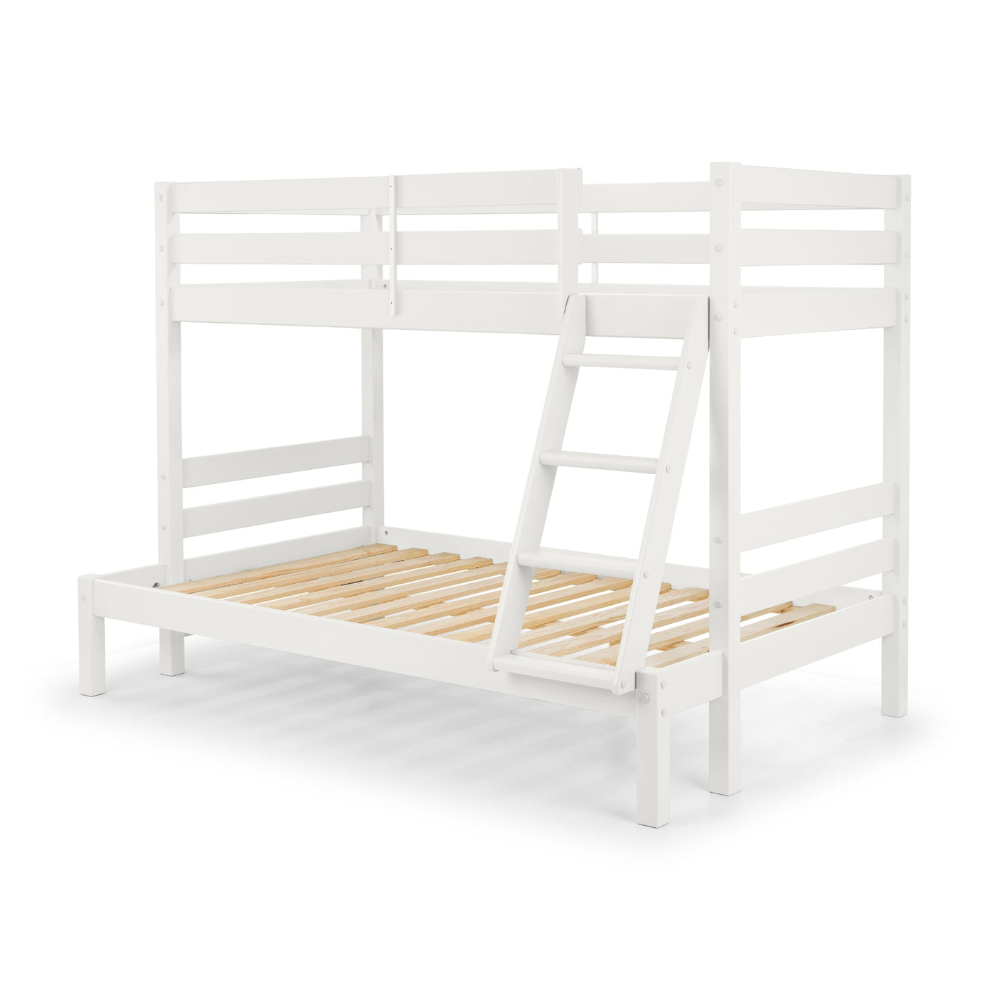 White wooden triple sleeper bunk bed frame with angled ladder and slatted bases
