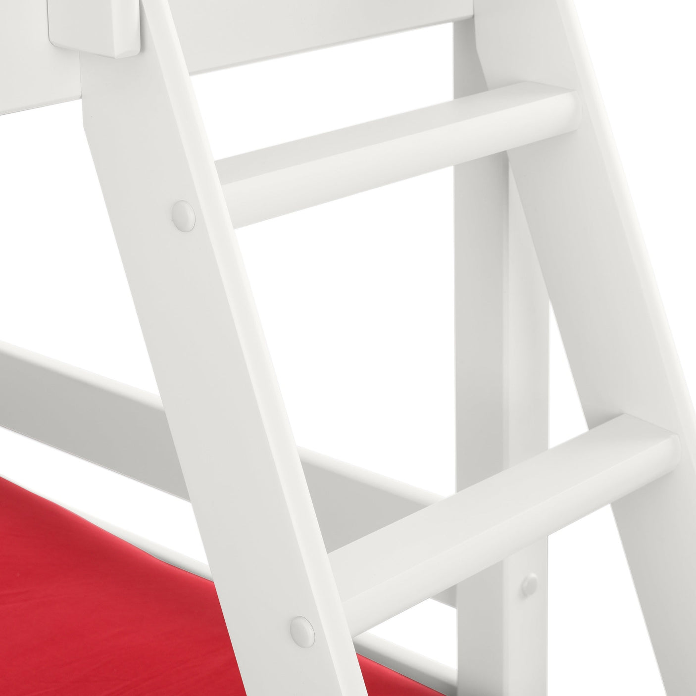 White wooden triple sleeper bed ladder detail with visible red mattress fabric