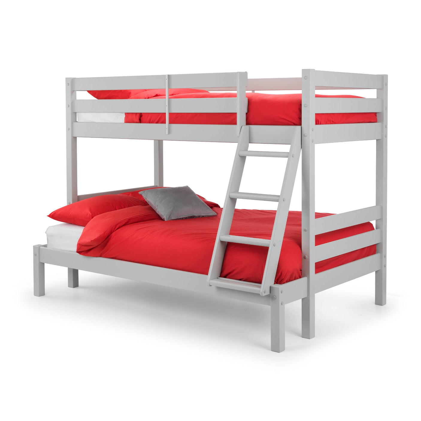 Dove grey triple sleeper bunk bed with ladder, red bedding, and lower double bed