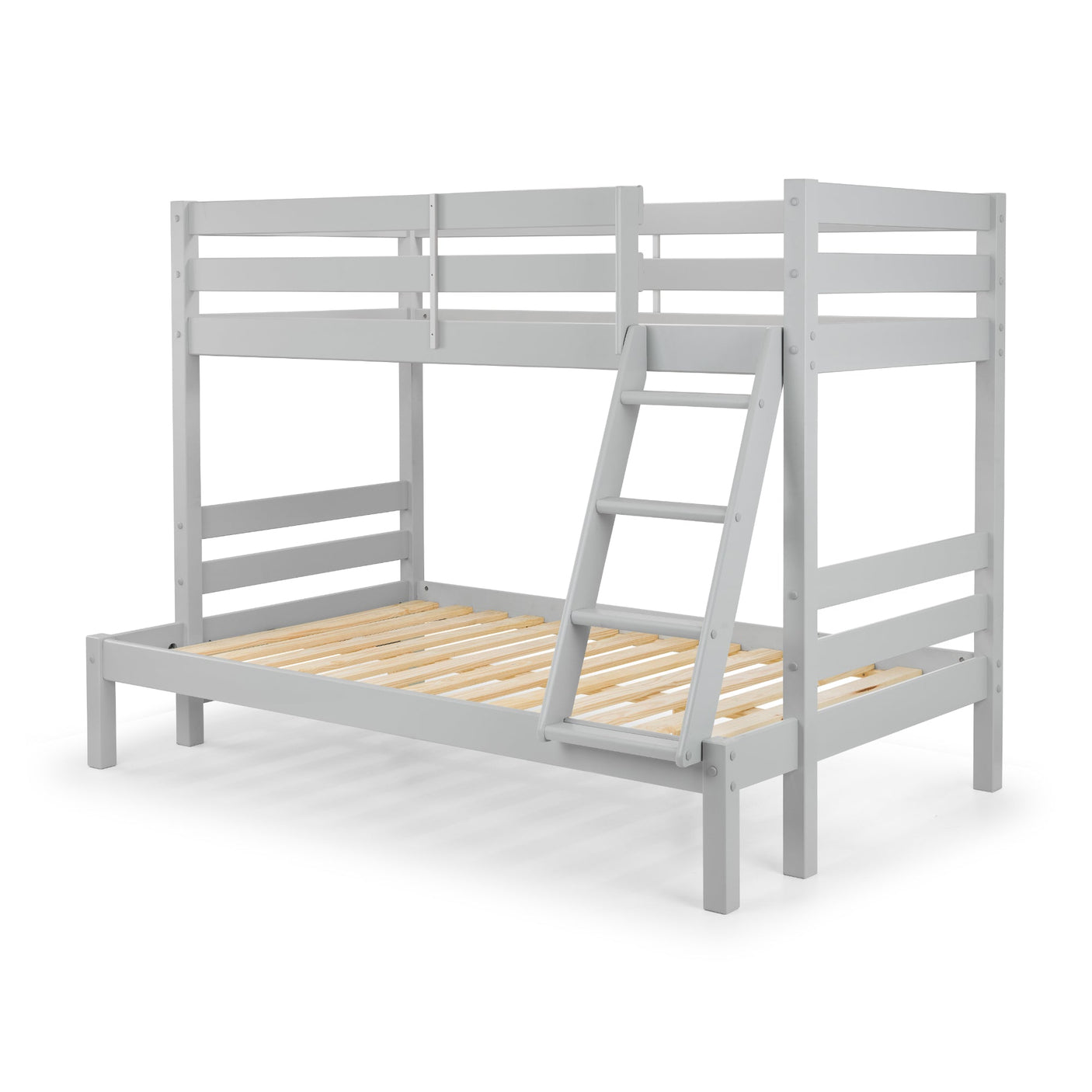 Dove grey triple sleeper wooden bunk bed with angled ladder and safety rails