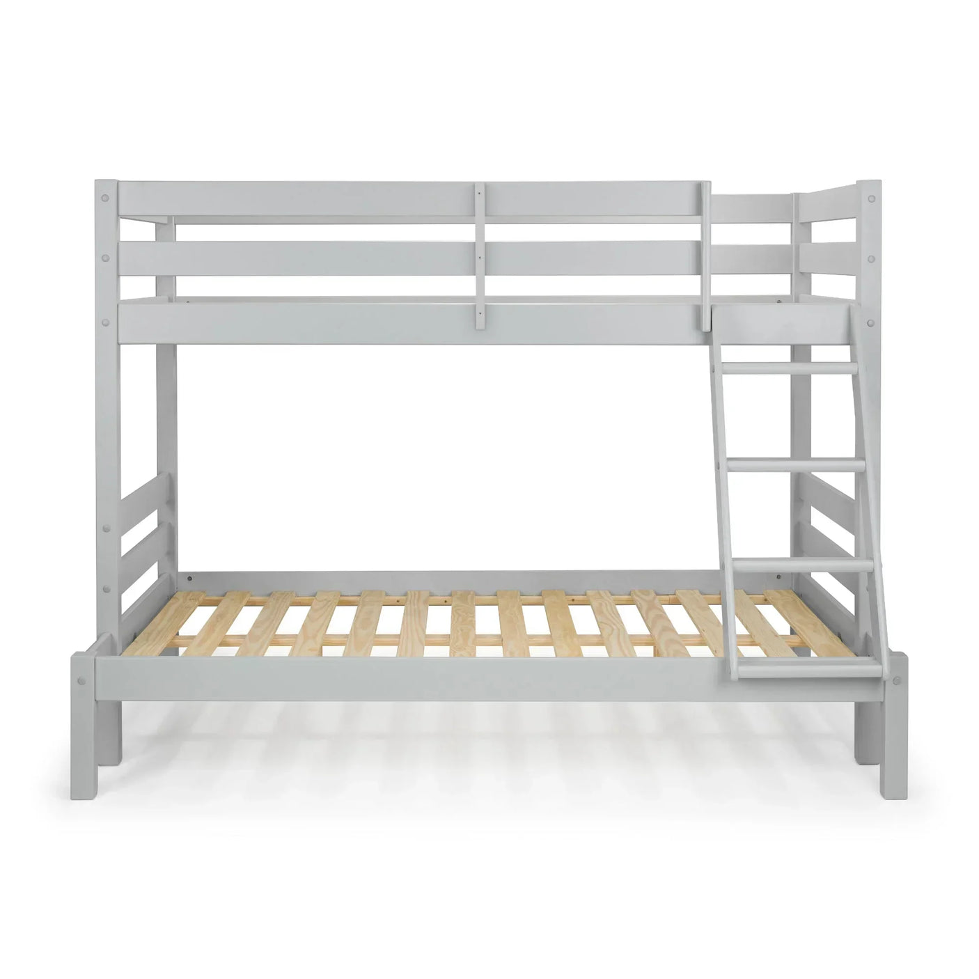 Dove grey triple sleeper bunk bed frame with slatted base and angled ladder, front view