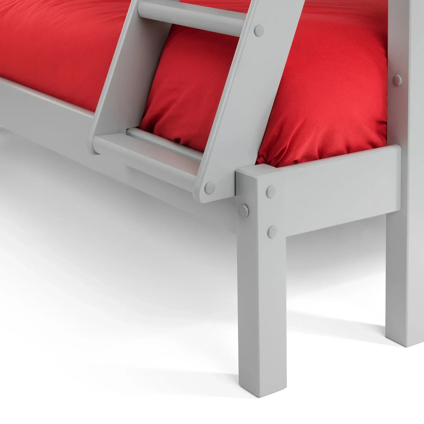 Dove grey wooden triple sleeper bed frame ladder and leg with red bedding detail