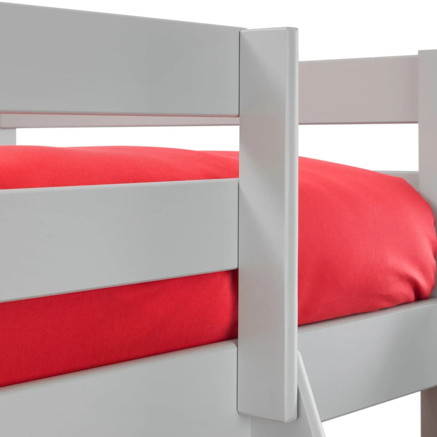 Close-up of dove grey triple sleeper bed frame with red bedding