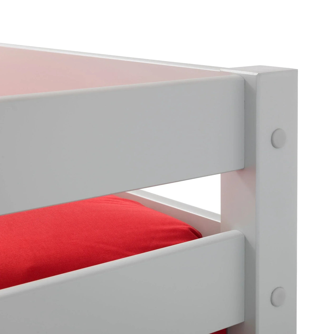 Dove grey triple sleeper bed close-up showing frame detail and red mattress