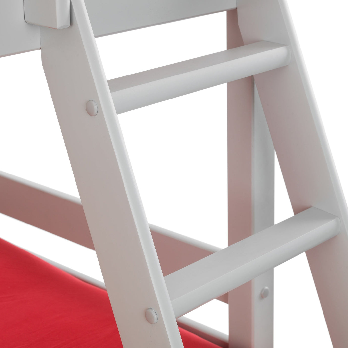 Dove grey triple sleeper bed ladder detail with red mattress underneath