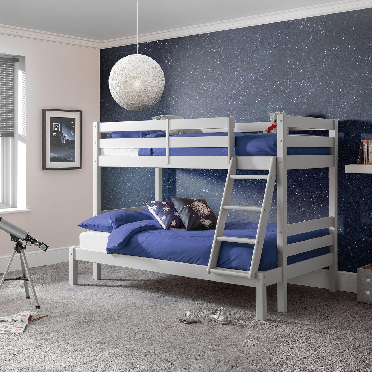 Dove grey triple sleeper bunk bed with ladder in kids bedroom with star-themed decor
