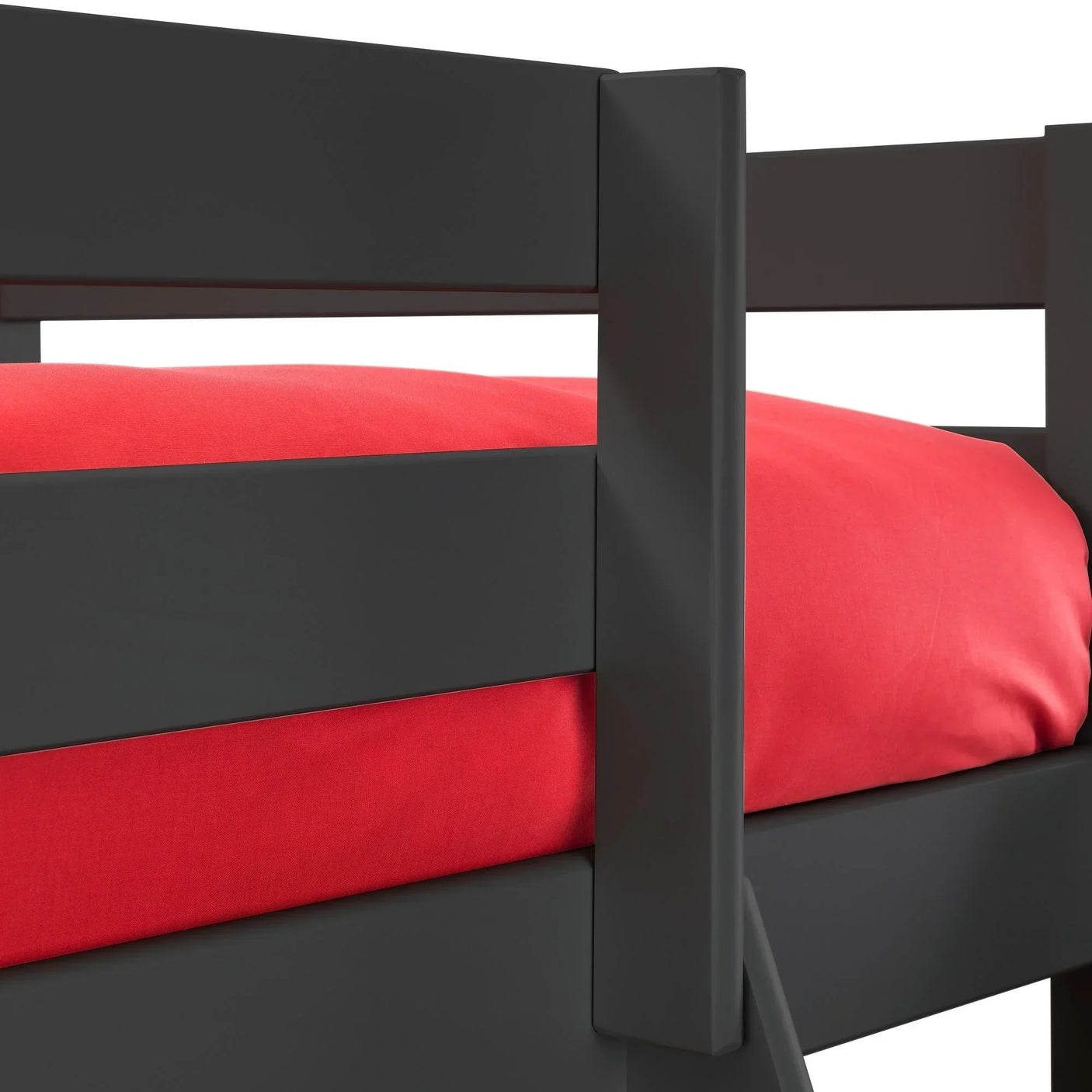 Anthracite triple sleeper bed frame close-up with red bedding
