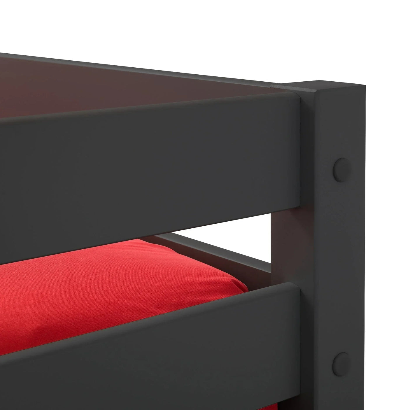 Anthracite triple sleeper bed frame corner detail with red mattress