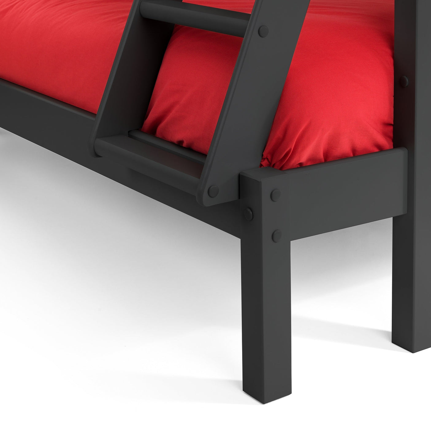 Anthracite triple sleeper bed frame corner and ladder detail with red bedding