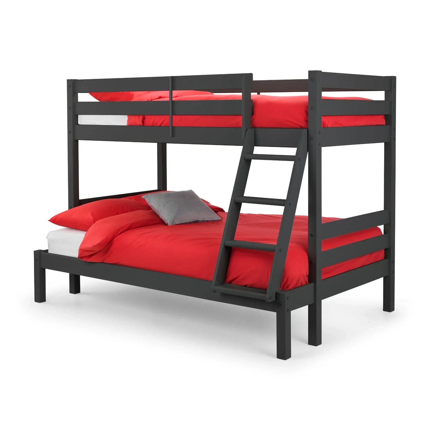 Anthracite triple sleeper bunk bed with red bedding and angled ladder