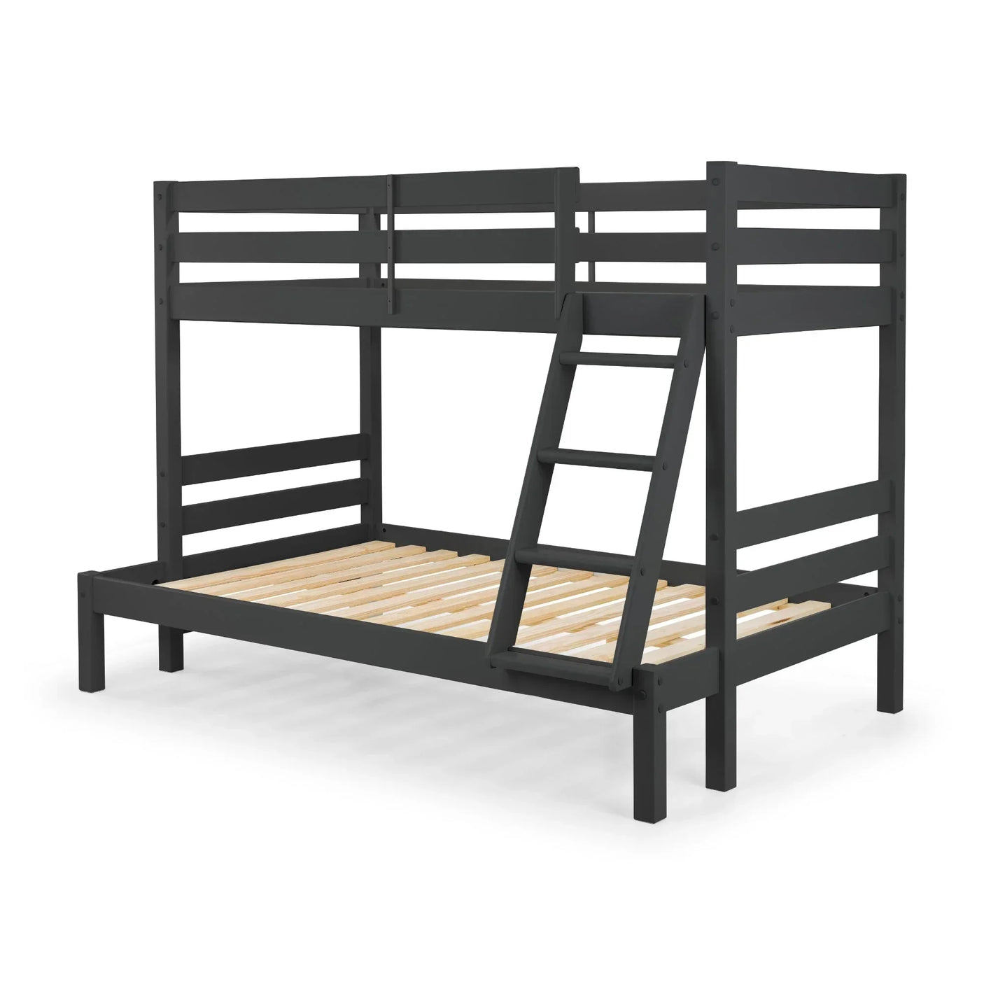Anthracite triple sleeper bunk bed frame with angled ladder and wooden slats