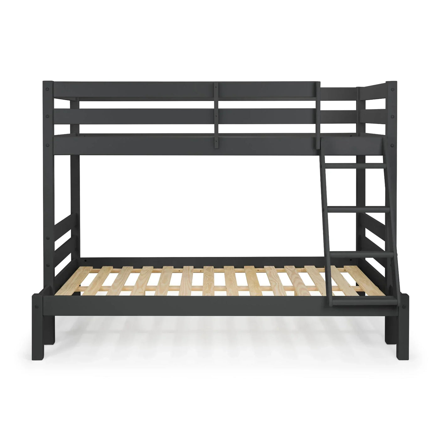 Anthracite triple sleeper bunk bed with ladder and wooden slats, front view
